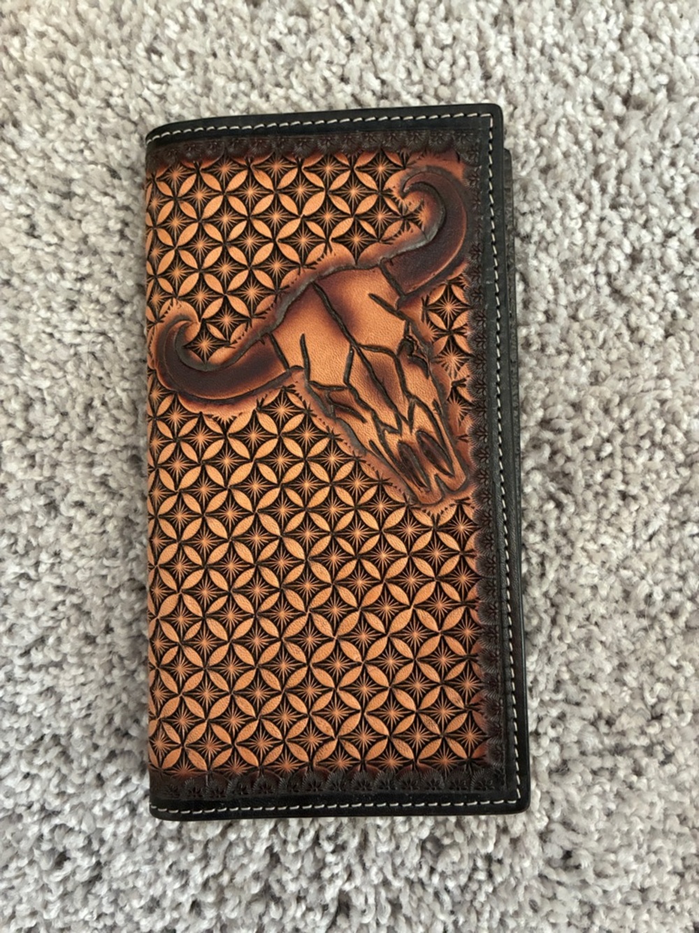 Hand-Tooled Brown Leather Western Wallet with Bull Skull